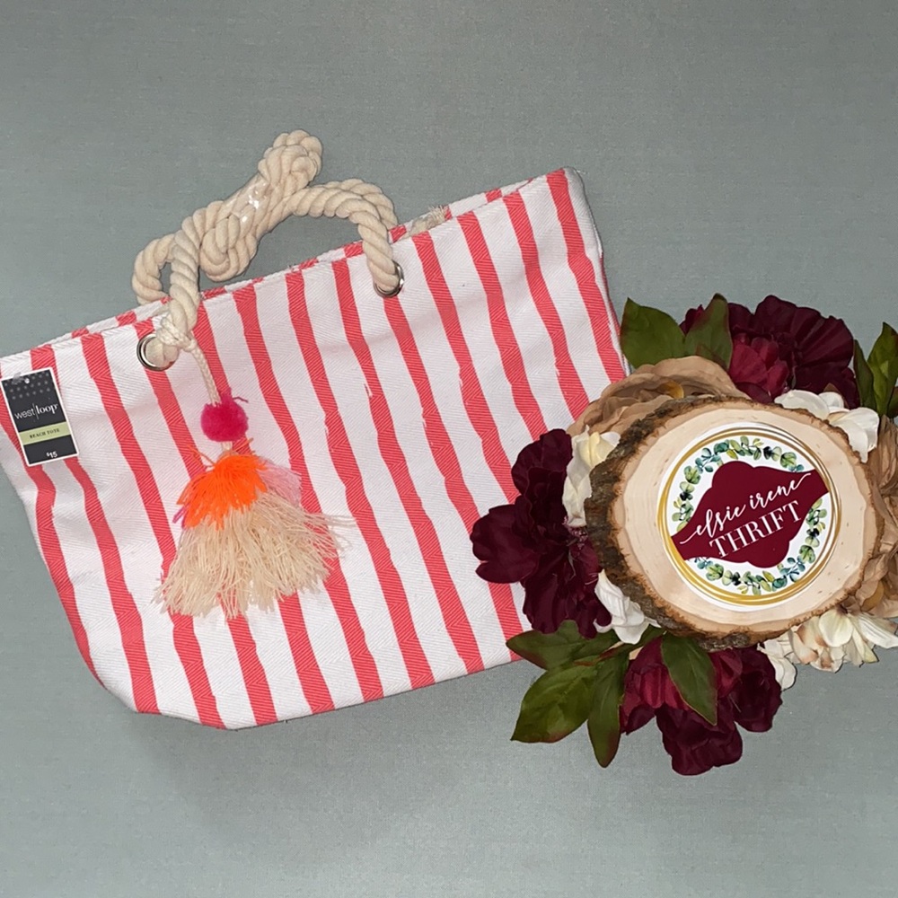 Pink and White Beach Tote with electric orange